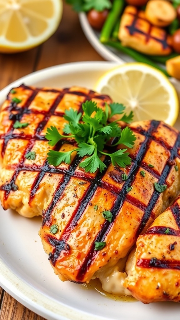 Grilled lemon herb chicken breast garnished with parsley and lemon wedges on a rustic table.